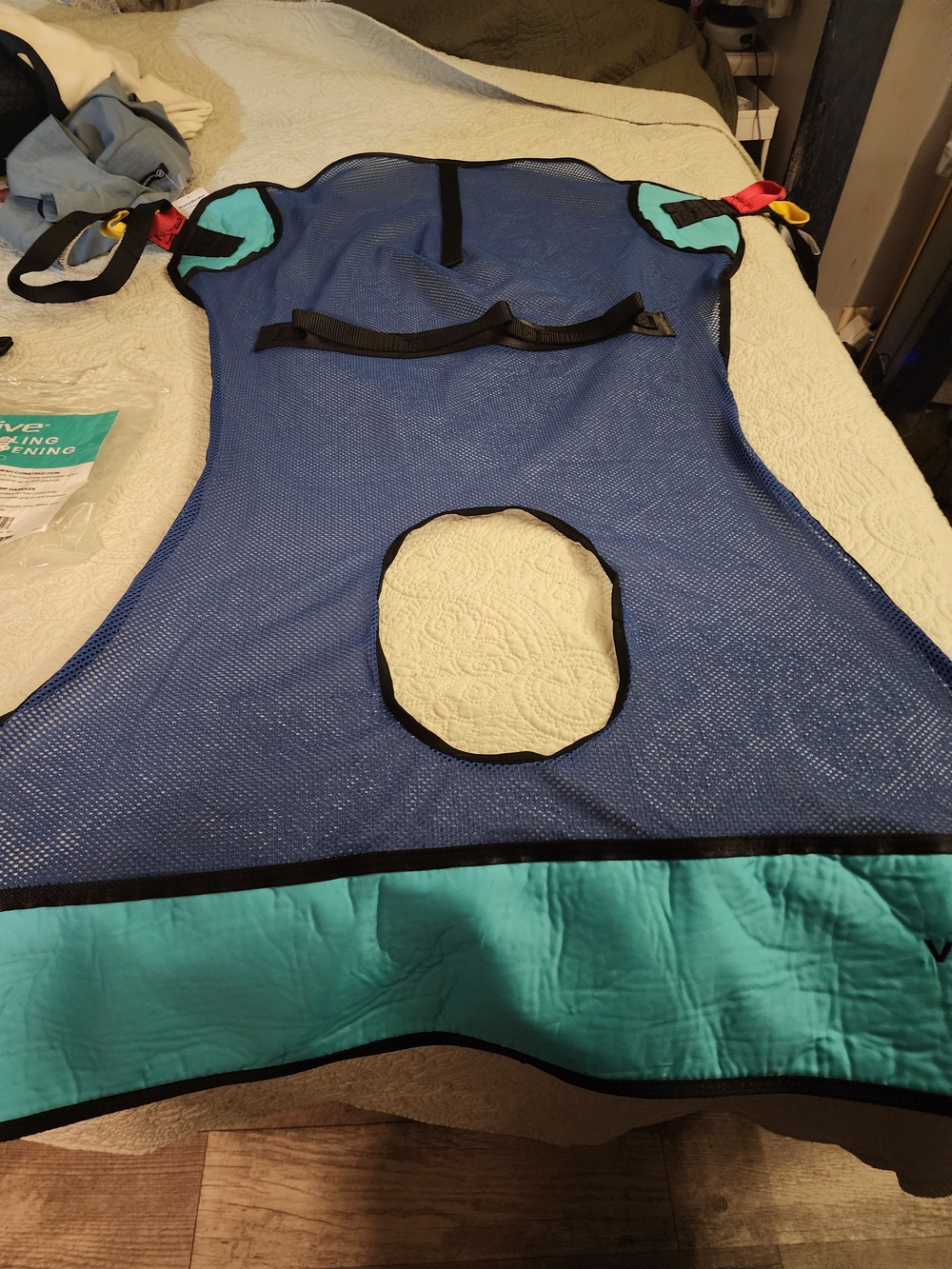 Blue and Teal Patient Bath/Transfer Sling with Breathable Mesh